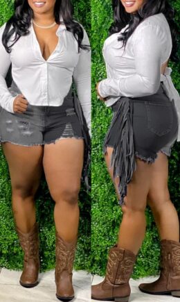 Fashion Sexy Patchwork Tassel Ripped High Waist Jeans