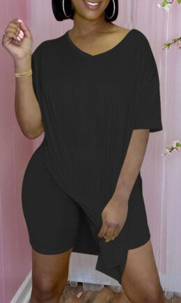 Fashion Casual Solid Slit V Neck Short Sleeve Two Pieces