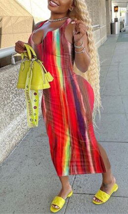Fashion Sexy Print Tie Dye Slit U Neck Vest Dress
