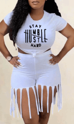 Casual Print Tassel O Neck Short Sleeve Two Pieces
