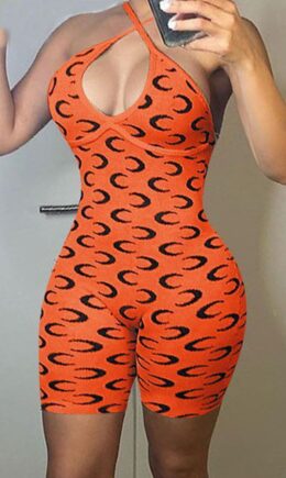 Sexy Print Split Joint Backless Halter Skinny Jumpsuits