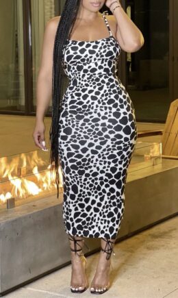 Fashion Sexy Print Leopard Backless Spaghetti Strap Sleeveless Dress