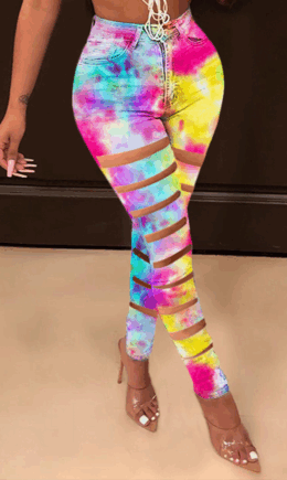 Sexy Patchwork Ripped Tie-dye Skinny High Waist Pencil Full Print Bottoms