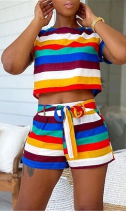 Fashion Casual Striped Print Basic O Neck Short Sleeve Two Pieces