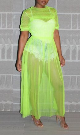 Fashion Sexy Solid See-through O Neck Short Sleeve Dress