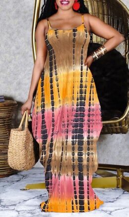 Sexy Casual Print Tie Dye Backless Spaghetti Strap Sleeveless Dress