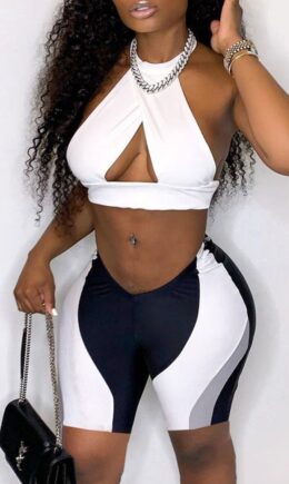Fashion Sexy Patchwork Hollowed Out Backless Halter Sleeveless Two Pieces