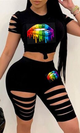 Fashion Casual Lips Printed Ripped O Neck Short Sleeve Two Pieces