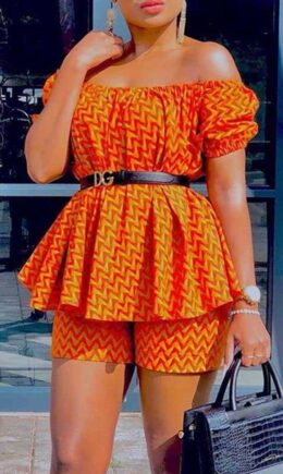 Fashion Casual Print Without Belt Spaghetti Strap Short Sleeve Two Pieces