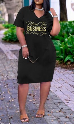 Fashion Casual Letter Print Basic V Neck Short Sleeve Dress