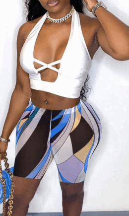Sexy Print Bandage Halter Sleeveless Two Pieces