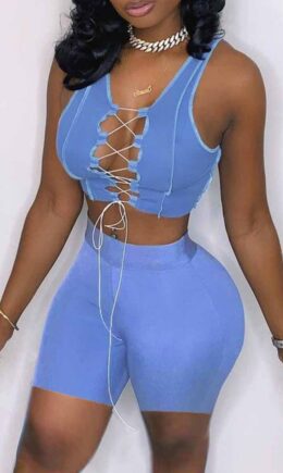 Sexy Casual Solid Bandage Hollowed Out V Neck Sleeveless Two Pieces