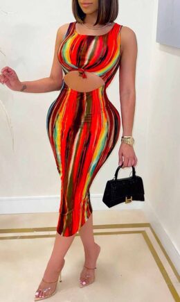 Sexy Casual Print Hollowed Out O Neck Sleeveless Dress