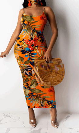 Sexy Print Split Joint Spaghetti Strap Pencil Skirt Dresses