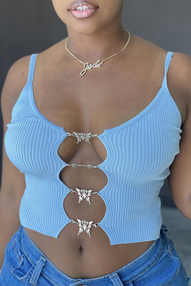 Lace Up Hollow Out Spaghetti Strap Slim Push Up French Elegant Crop Tops