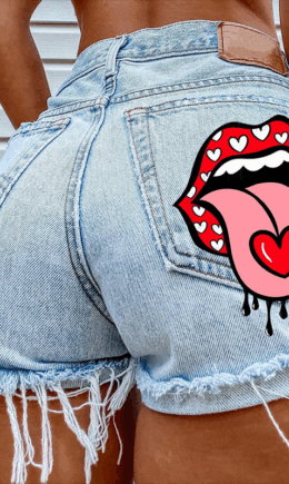 Casual Print Mid Waist Skinny Denim Shorts