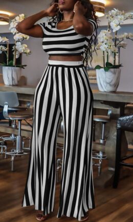 Fashion Casual Striped Print Basic O Neck Short Sleeve Two Pieces