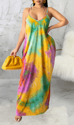 Sexy Patchwork Tie-dye Spaghetti Strap Straight Dresses