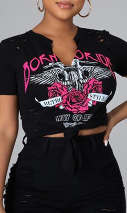 Fashion Casual Print Ripped V Neck T-Shirts
