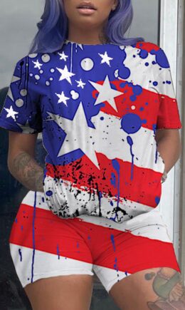 Fashion Casual adult Patchwork Print Two Piece Suits Straight Short Sleeve Two Pieces