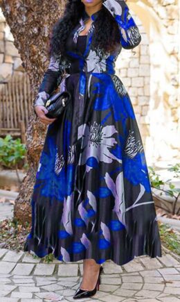 Fashion Print Basic Turndown Collar Long Sleeve Dresses