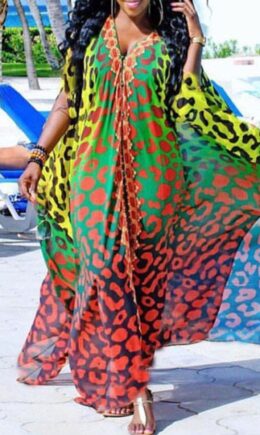 Fashion Sexy Print Slit V Neck Loose Long Dress