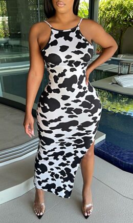 Fashion Sexy Print Backless Slit O Neck Sling Dress
