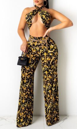 Fashion Sexy Print Bandage Backless Halter Sleeveless Two Pieces (Without Waist Chain)