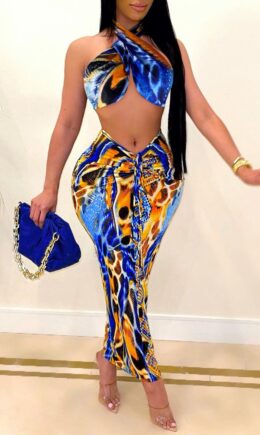 Fashion Sexy Print Backless Halter Sleeveless Two Pieces