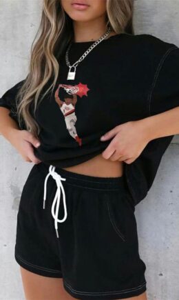 Fashion Casual Print Basic O Neck Short Sleeve Two Pieces
