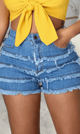 Casual Solid Tassel Mid Waist Skinny Denim Shorts