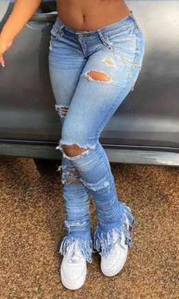 Fashion Casual Solid Tassel Ripped Mid Waist Regular Jeans