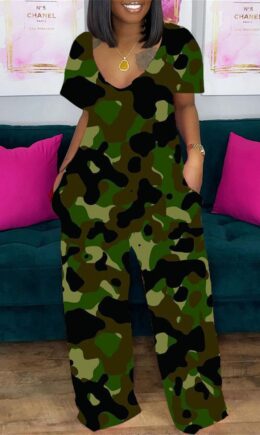 Fashion Casual Print Basic V Neck Short Sleeve Regular Jumpsuits