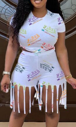Fashion Casual Print Tassel O Neck Short Sleeve Two Pieces