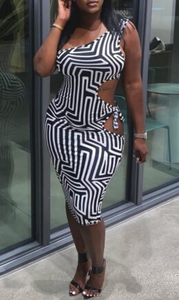 Fashion Sexy Print Hollowed Out One Shoulder Sleeveless Dress