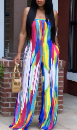 Rainbow Color Casual Print Bandage Split Joint Strapless Straight Jumpsuits