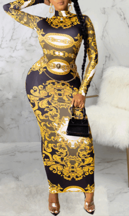 Sexy Print Split Joint Half A Turtleneck Pencil Skirt Dresses