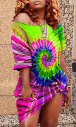 Fashion Cap Sleeve 3/4 Length Sleeves O neck Step Skirt Mini Rainbow Paisley asymmetrical