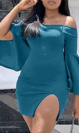 Navy Fashion Sexy adult Off The Shoulder Long Sleeves One word collar Pencil Dress Mini split S