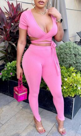 Sexy Casual Solid Bandage V Neck Short Sleeve Two Pieces
