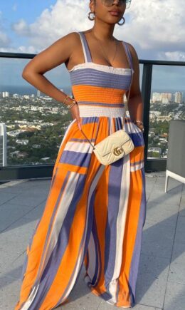 Stripe Street Print Split Joint Square Collar Straight Jumpsuits