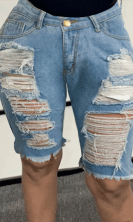 Casual Solid Ripped Mid Waist Skinny Denim Shorts
