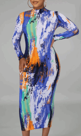 Sexy Print Split Joint Half A Turtleneck Pencil Skirt Dresses