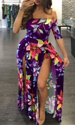 Sexy Print Split Joint Slit Off the Shoulder Straight Dresses