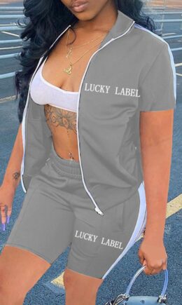 Casual Sportswear Letter Embroidered Split Joint Zipper Collar Short Sleeve Two Pieces