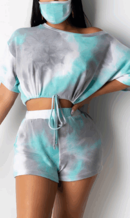 Casual Patchwork Tie-dye One Shoulder Short Sleeve Two Pieces