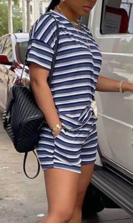 Casual Striped Print Split Joint O Neck Short Sleeve Two Pieces