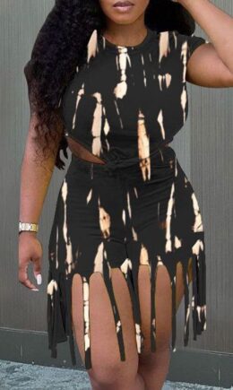 Fashion Casual Print Tassel O Neck Short Sleeve Two Pieces