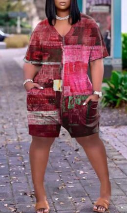 Casual Print Split Joint V Neck Loose Jumpsuits