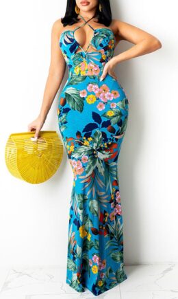 Fashion Sexy Print Hollowed Out Backless Halter Sling Dress
